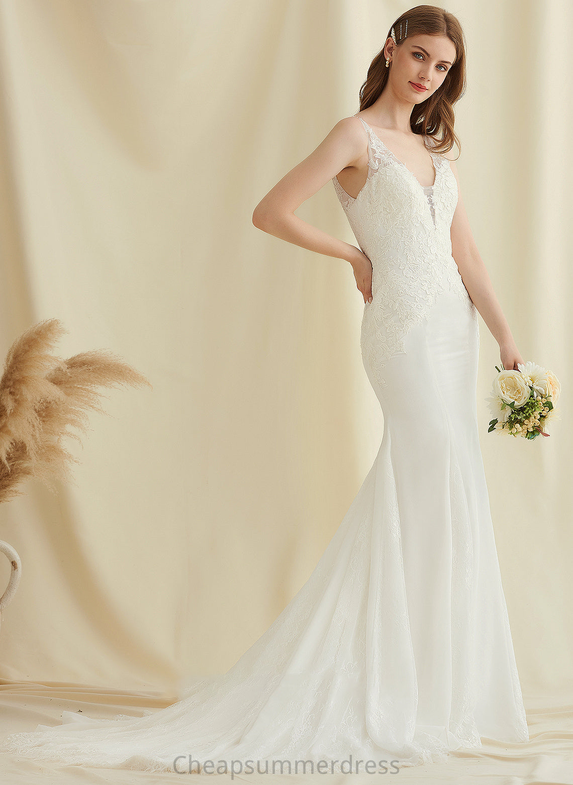 Lena Dress Court Lace Wedding Chiffon Train Trumpet/Mermaid V-neck Wedding Dresses