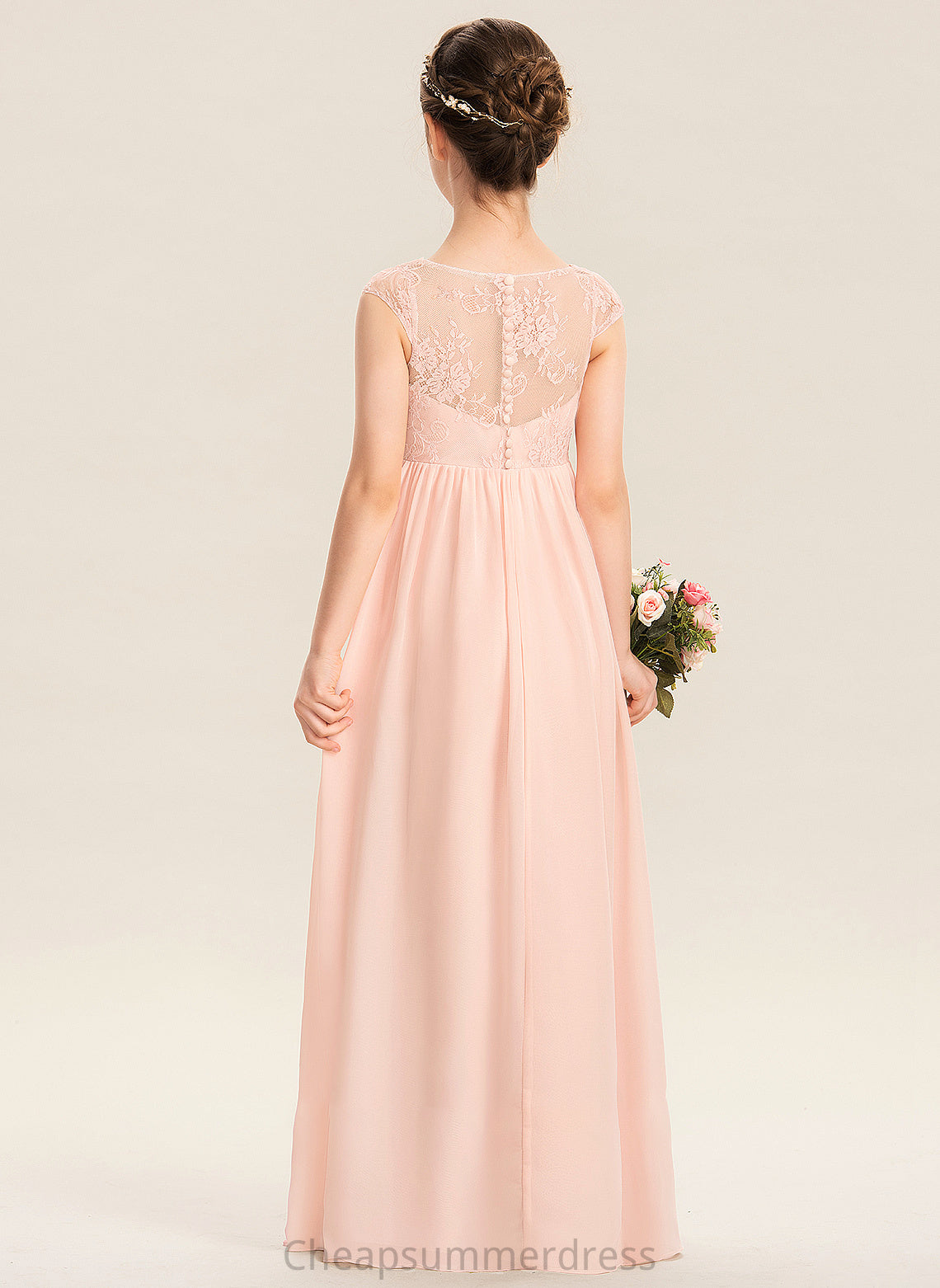 V-neck Chiffon A-Line Lace Isabelle Junior Bridesmaid Dresses Ruffle With Floor-Length