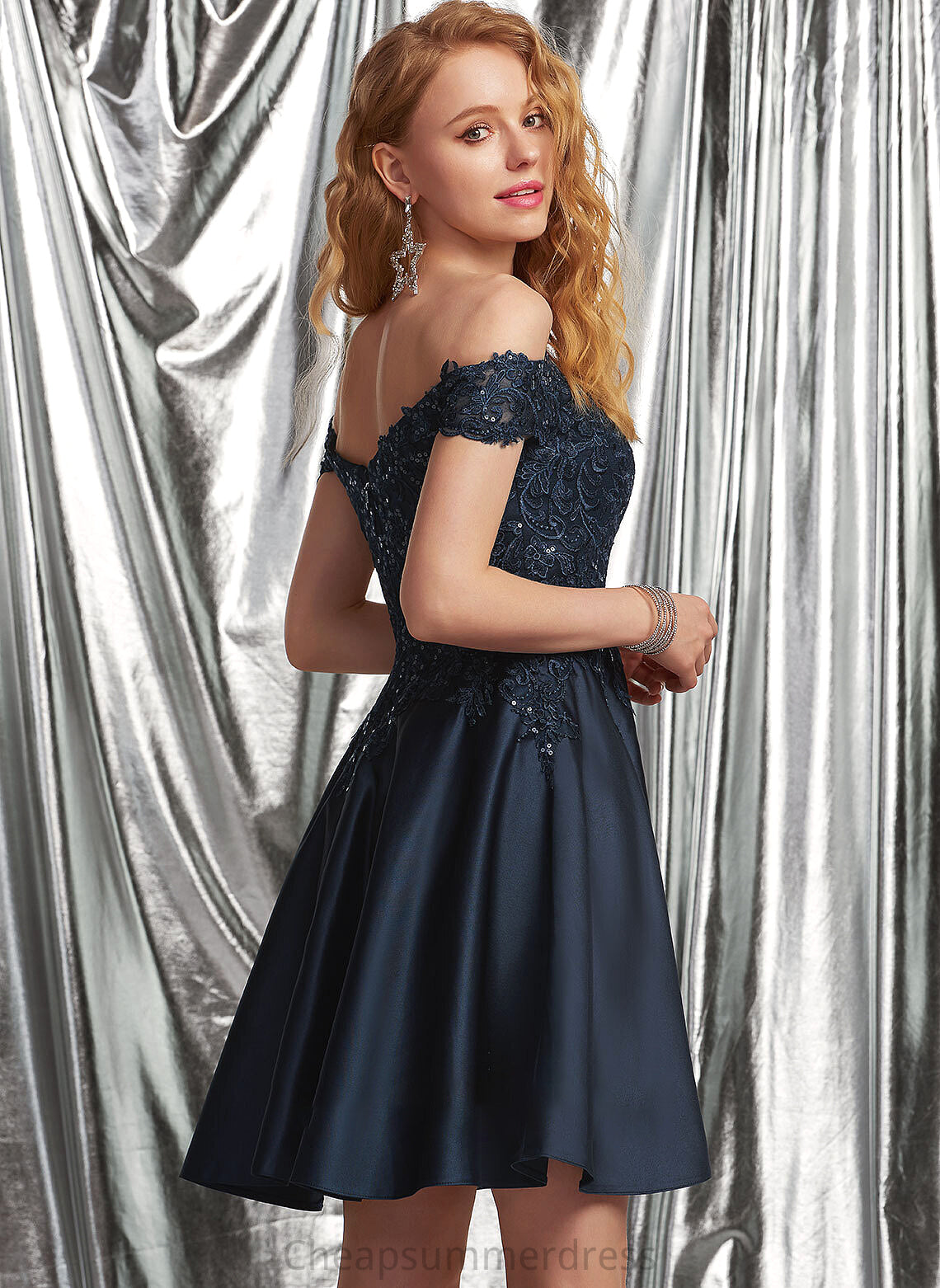 Diana Short/Mini Satin Lace Prom Dresses A-Line Off-the-Shoulder With Sequins