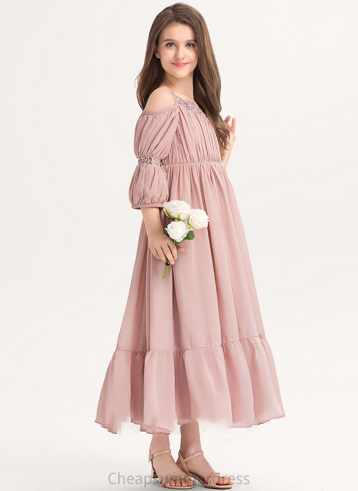 With Square Lace Neckline Junior Bridesmaid Dresses A-Line Ruffle Ankle-Length Chiffon Braelyn