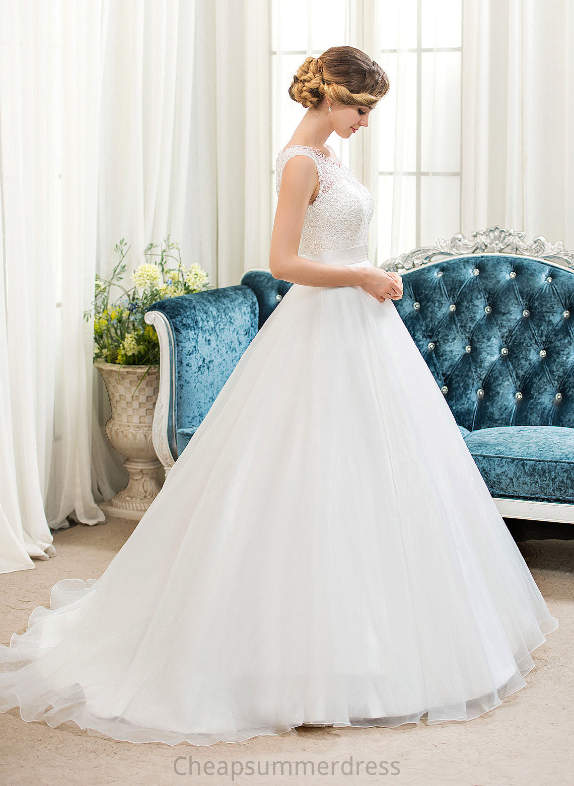 Sweep Ball-Gown/Princess Beading Neck Lace Sequins Wedding Organza With Scoop Train Fernanda Dress Wedding Dresses