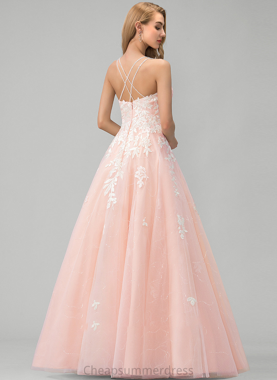 Floor-Length Lucia Lace Tulle Sequins Ball-Gown/Princess Neckline Square Prom Dresses With