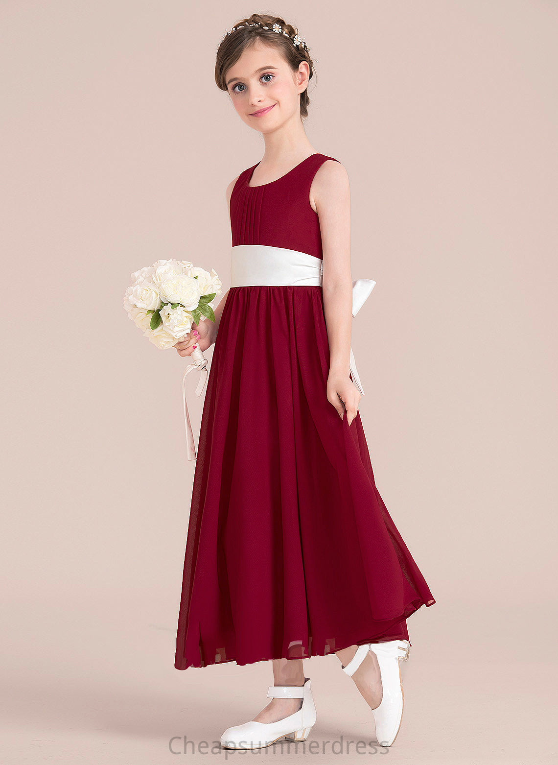 Empire Junior Bridesmaid Dresses Ankle-Length Scoop Neck A-Line Chiffon With Sash Shelby Bow(s)