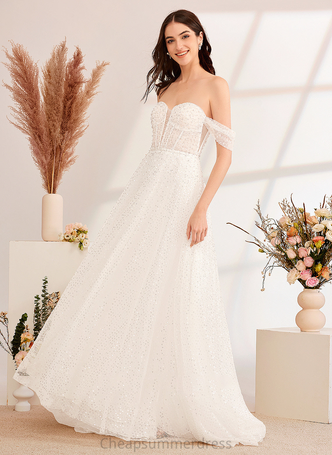 Off-the-Shoulder Wedding Sequins With A-Line Sweep Eliza Wedding Dresses Train Dress