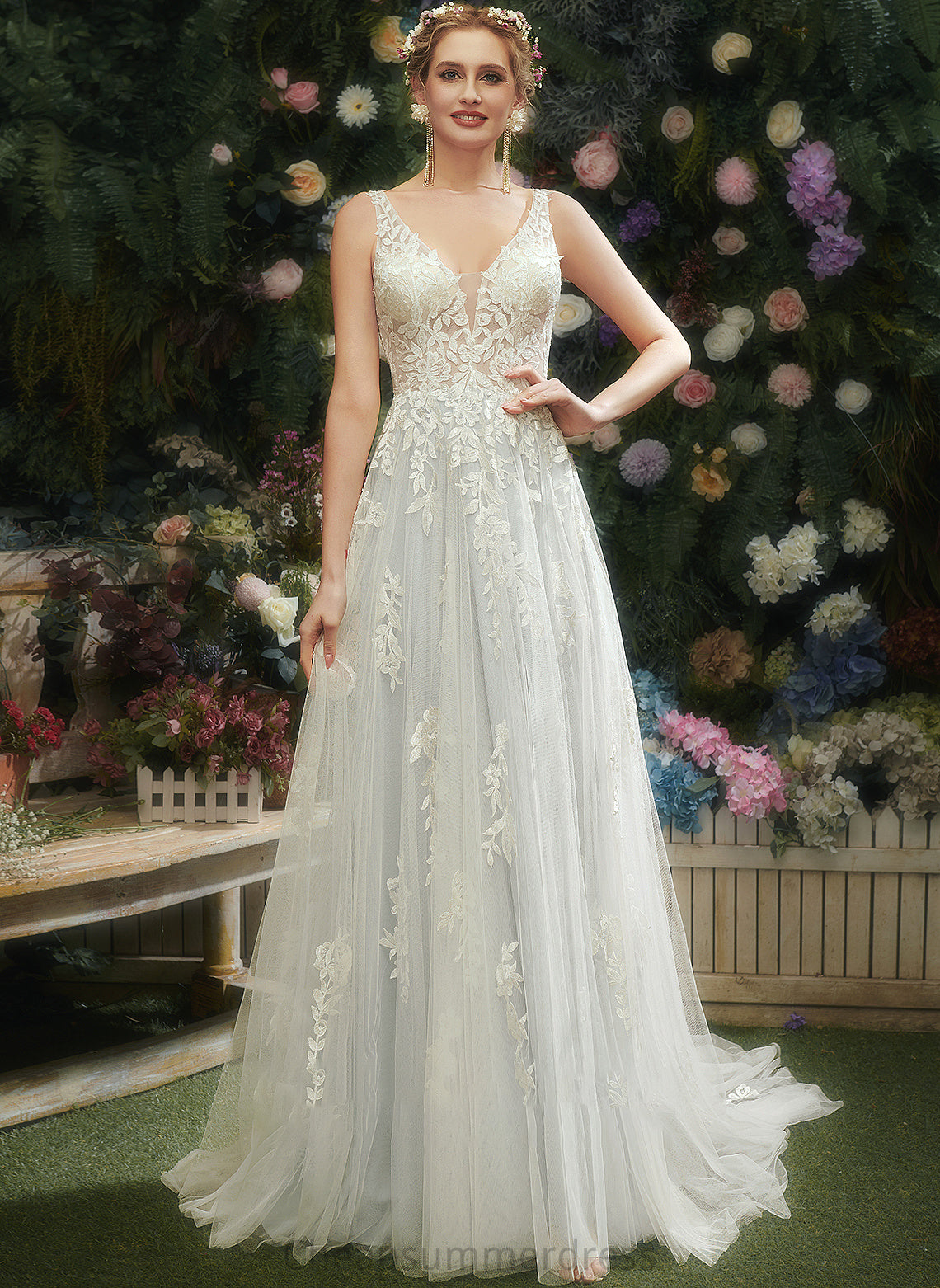 A-Line V-neck Dress Train Estrella Wedding Dresses Court Lace With Wedding
