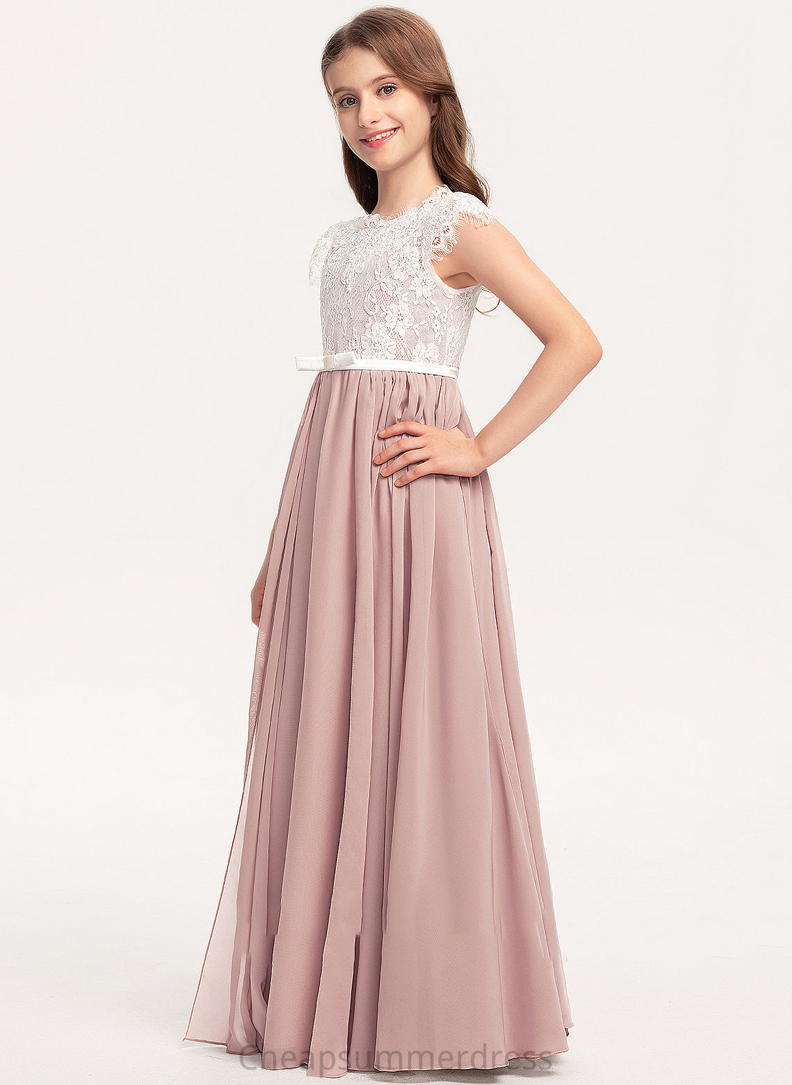 Kinley With Scoop A-Line Neck Lace Bow(s) Floor-Length Junior Bridesmaid Dresses Chiffon