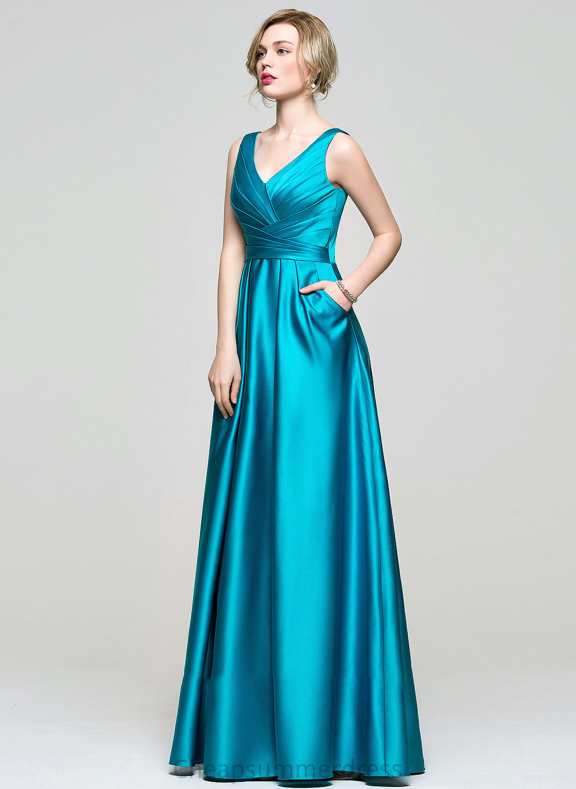With Molly Pockets Floor-Length V-neck Satin Ball-Gown/Princess Ruffle Prom Dresses