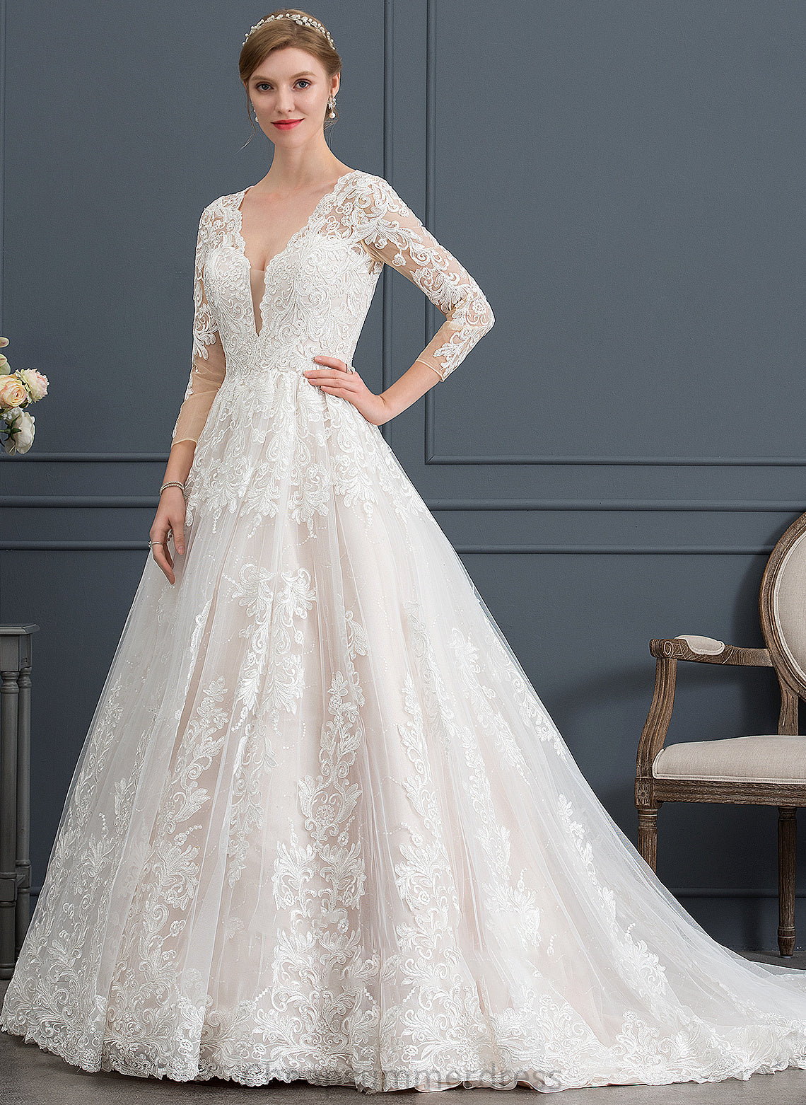 Train Wedding Dresses Tulle Violet Chapel Wedding Ball-Gown/Princess V-neck Dress