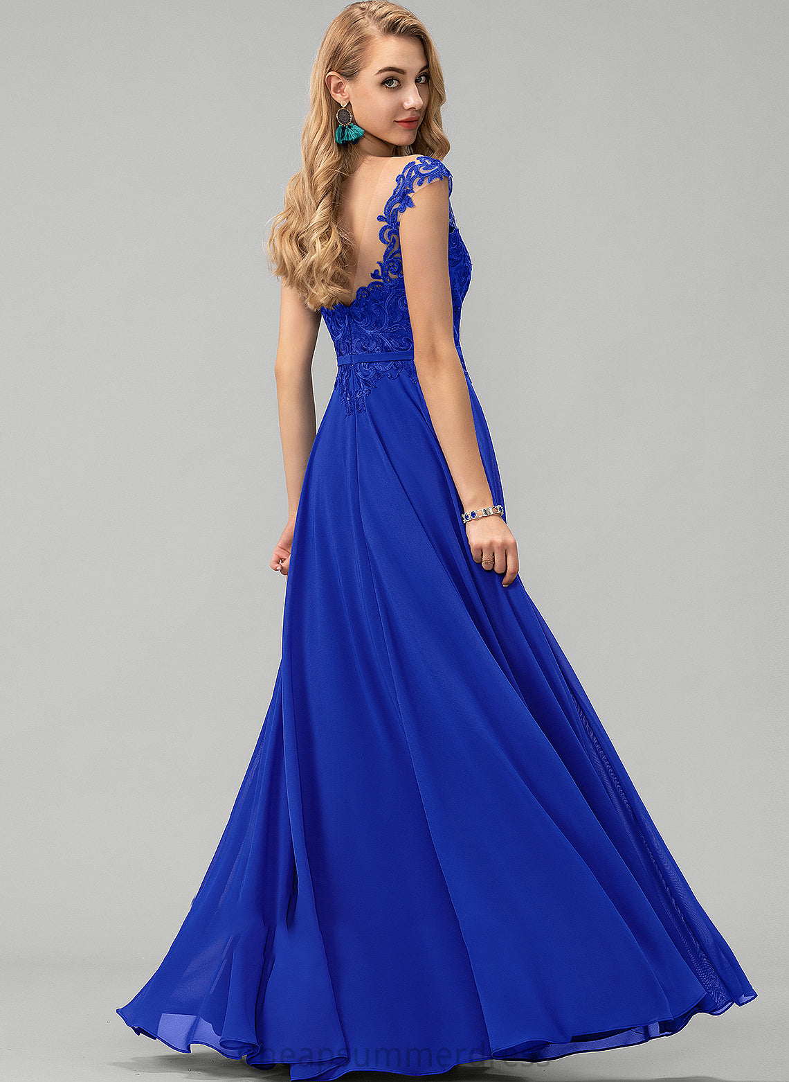 Sequins Chiffon A-Line Scoop With Prom Dresses Neck Floor-Length Sloane Lace