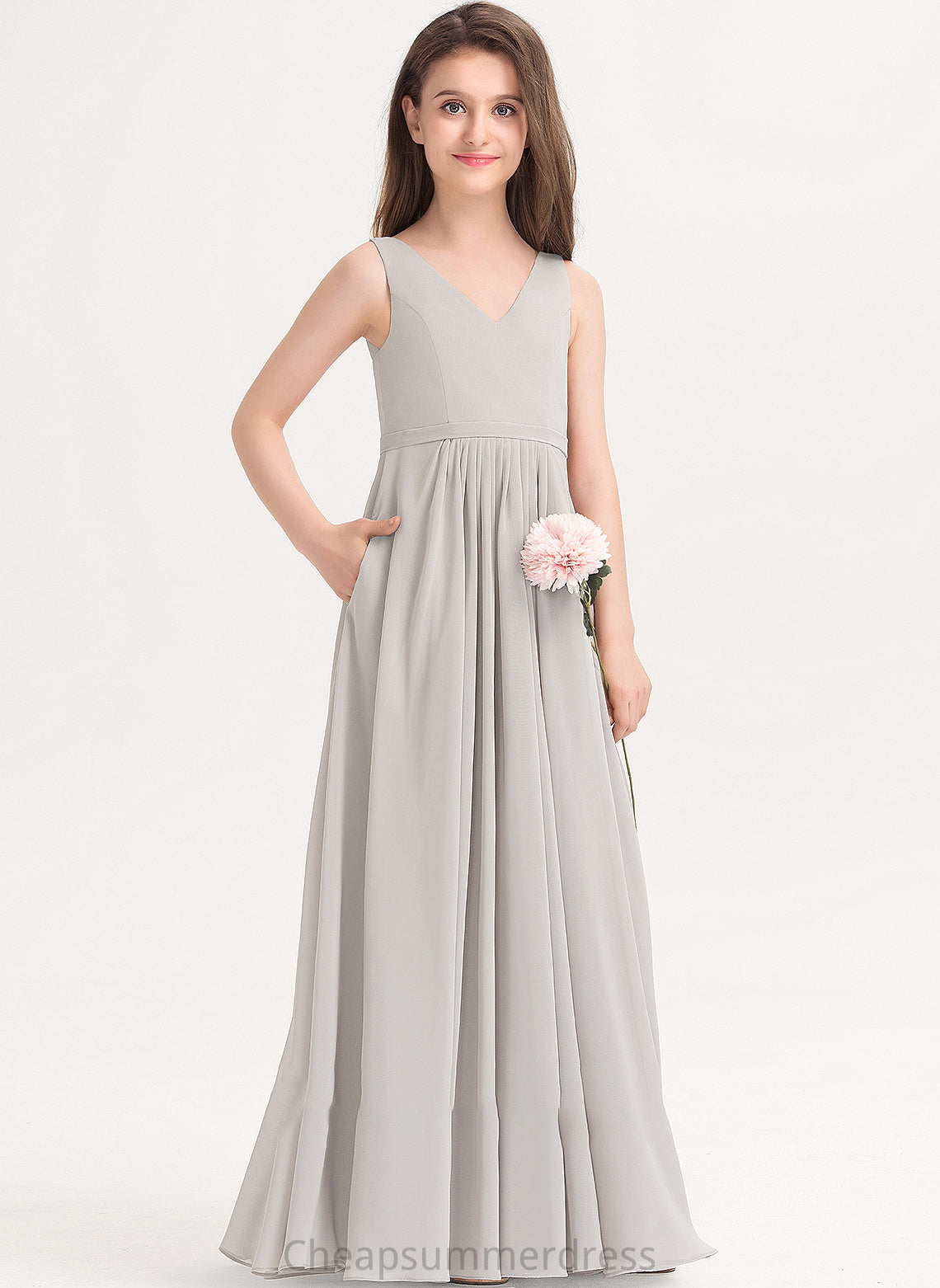 Junior Bridesmaid Dresses Kaelyn Pockets With Floor-Length A-Line Chiffon V-neck