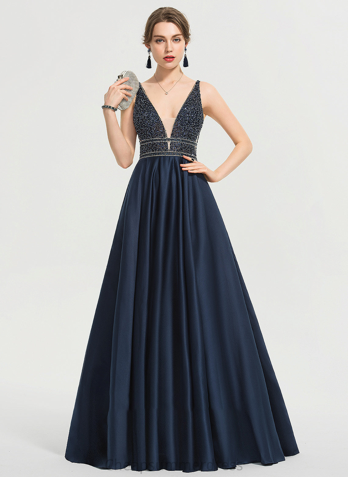 Sequins Mariam V-neck Beading Floor-Length With Satin Prom Dresses Ball-Gown/Princess