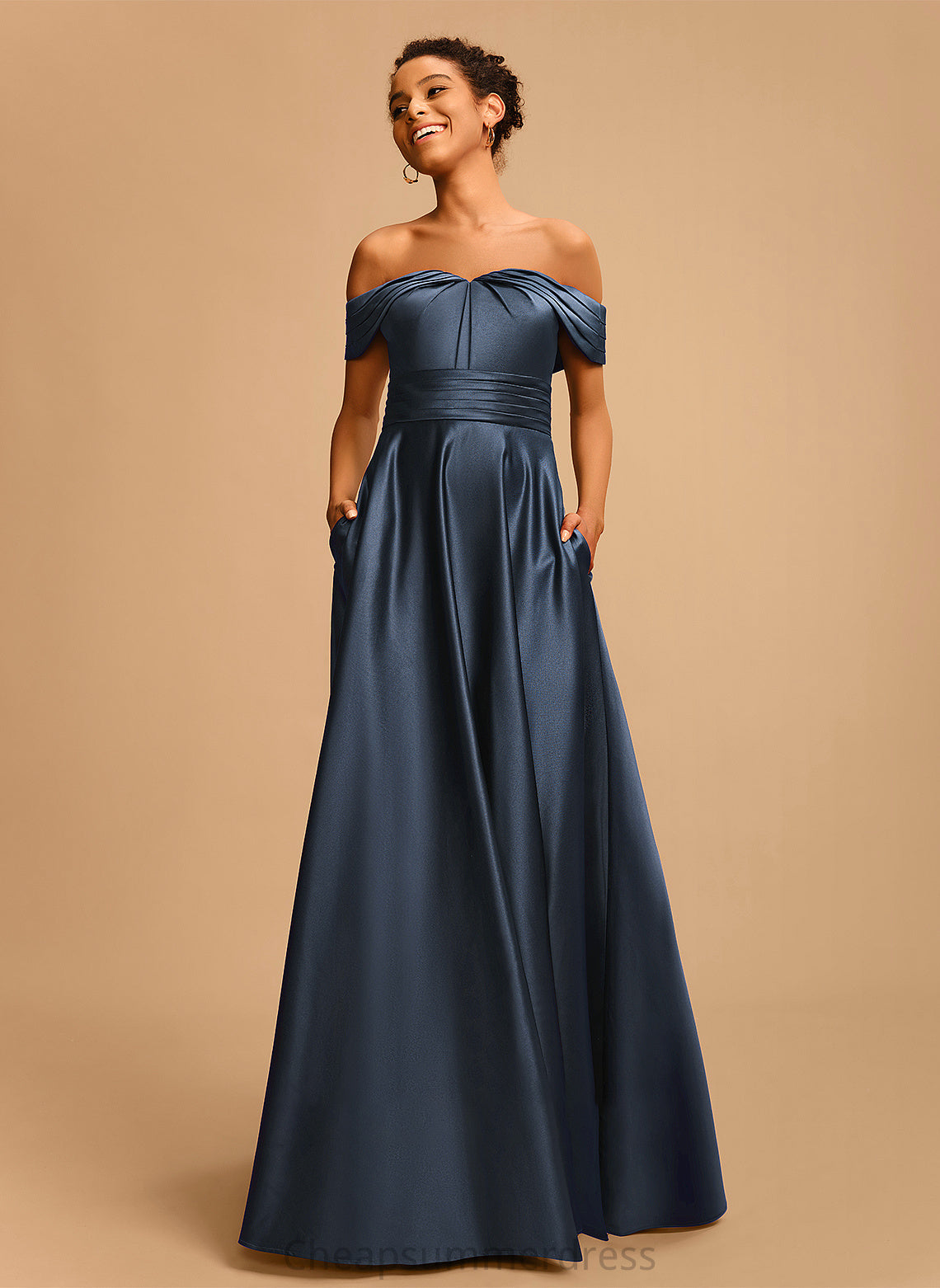 Maci Floor-Length Pleated A-Line Satin Prom Dresses With Off-the-Shoulder