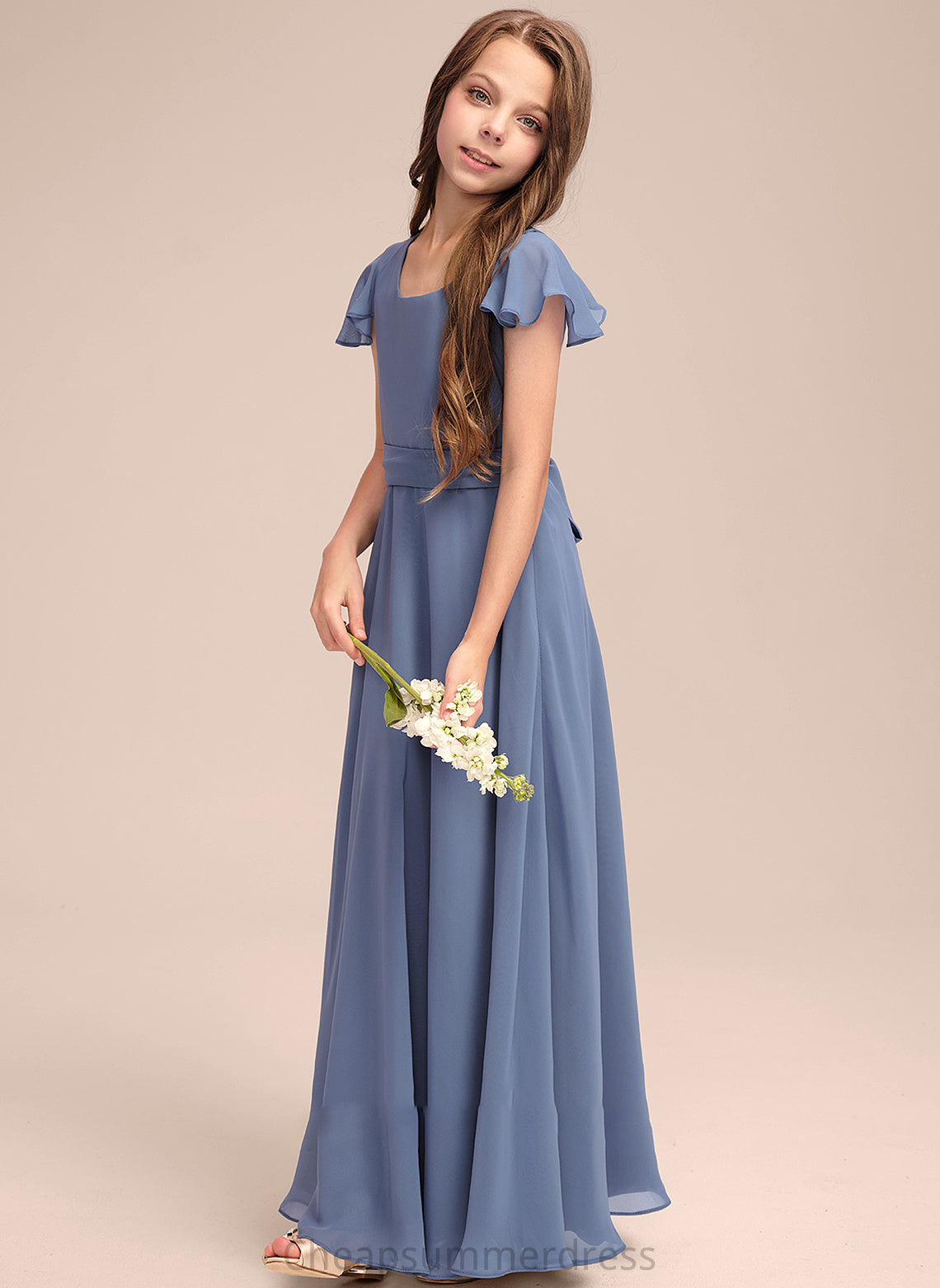 Lorelai Chiffon Bow(s) With Floor-Length A-Line Neck Scoop Junior Bridesmaid Dresses