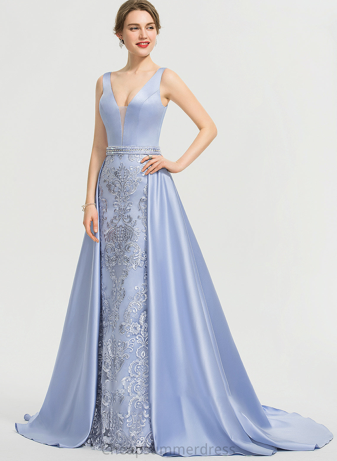 Sweep With V-neck Sequins Satin Adalynn Ball-Gown/Princess Beading Prom Dresses Train