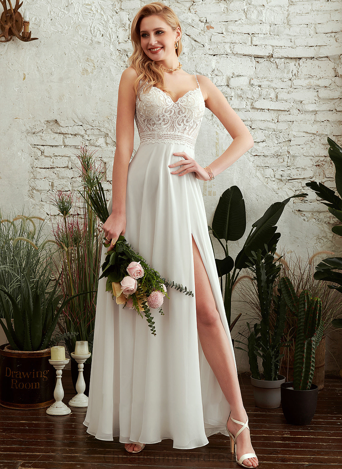 V-neck Kenzie Split Dress Front Wedding Dresses Floor-Length A-Line Wedding With