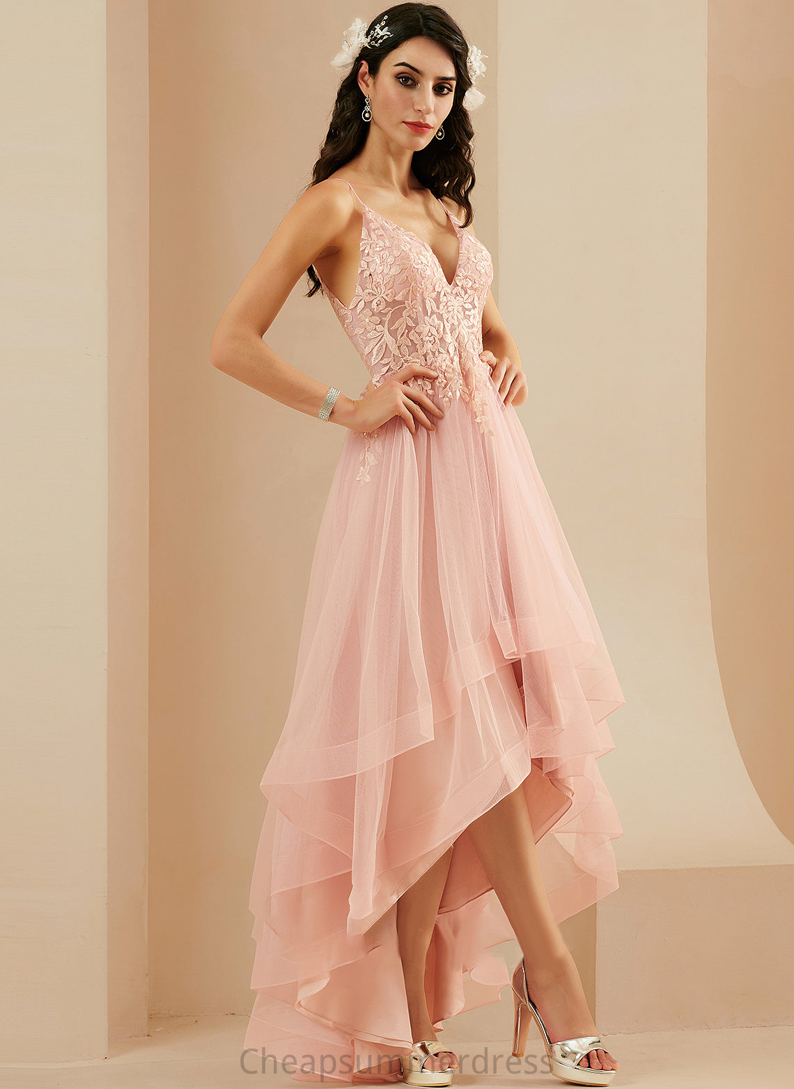 With Asymmetrical V-neck Prom Dresses Ball-Gown/Princess Lace Tulle Janae
