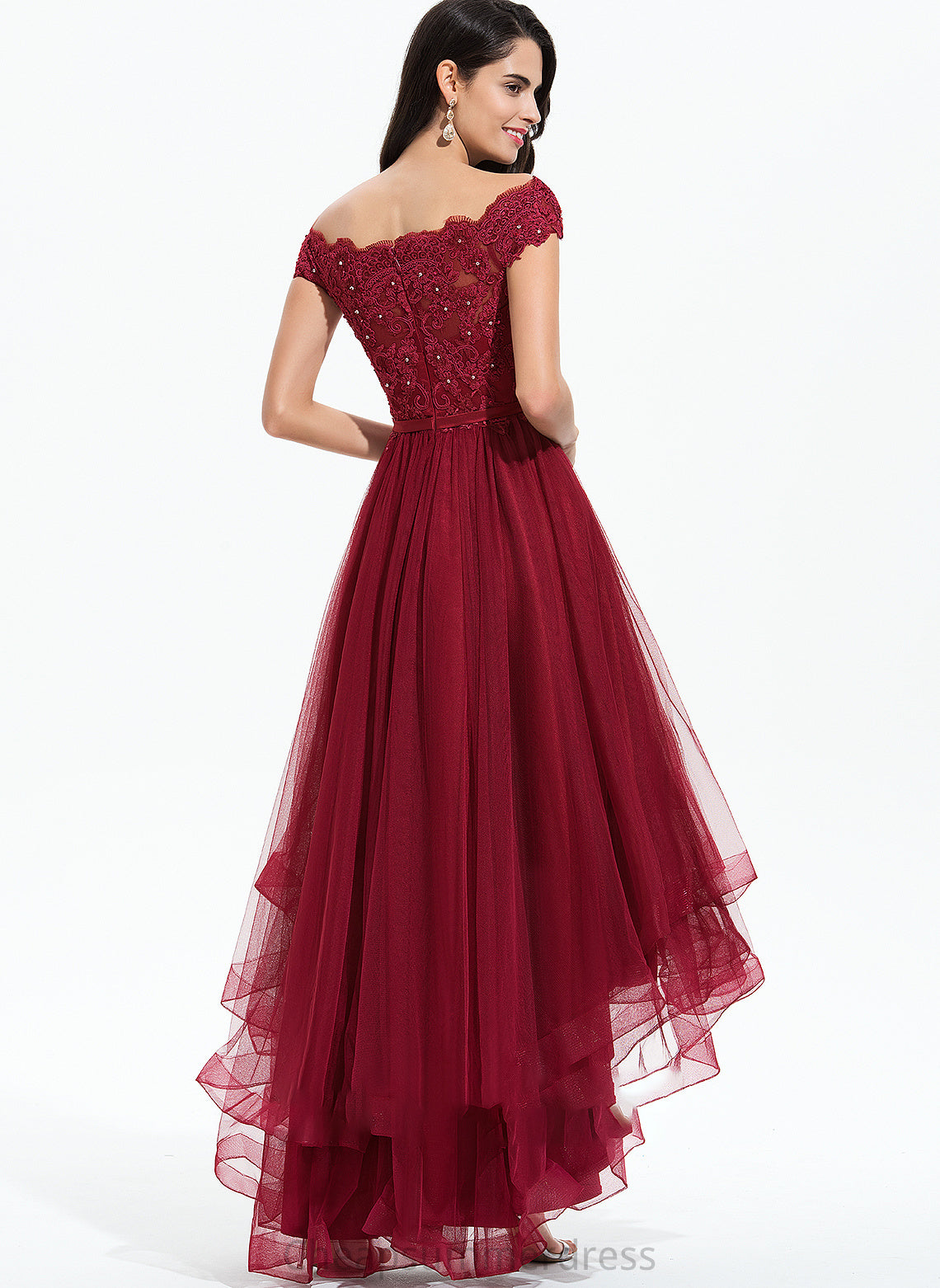Embellishment Off-the-Shoulder Asymmetrical Beading Neckline Tulle Fabric Lace Sequins Sleeve Bow(s) Length