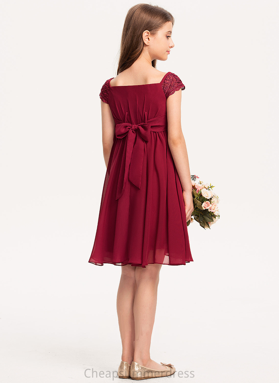 Bow(s) Courtney Knee-Length Chiffon Junior Bridesmaid Dresses Lace Off-the-Shoulder A-Line With