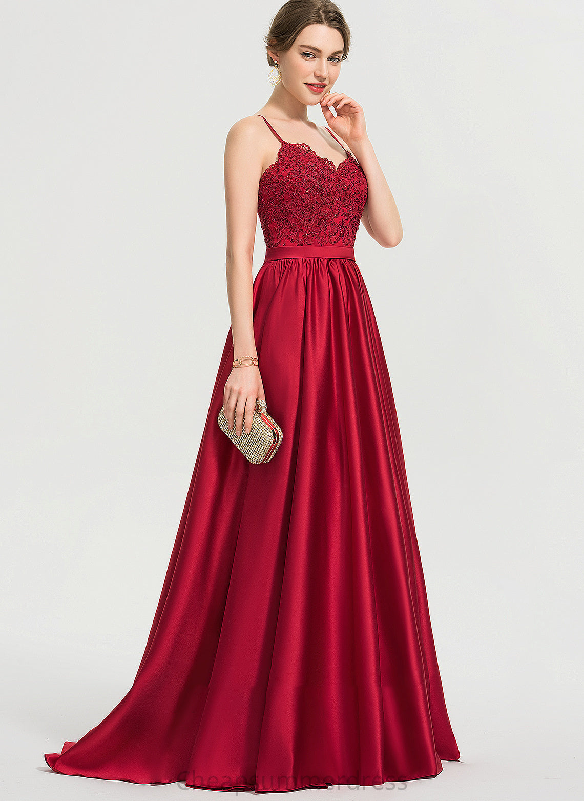 With Beading V-neck Front Ball-Gown/Princess Split Train Prom Dresses Sweep Sequins Sherlyn Satin