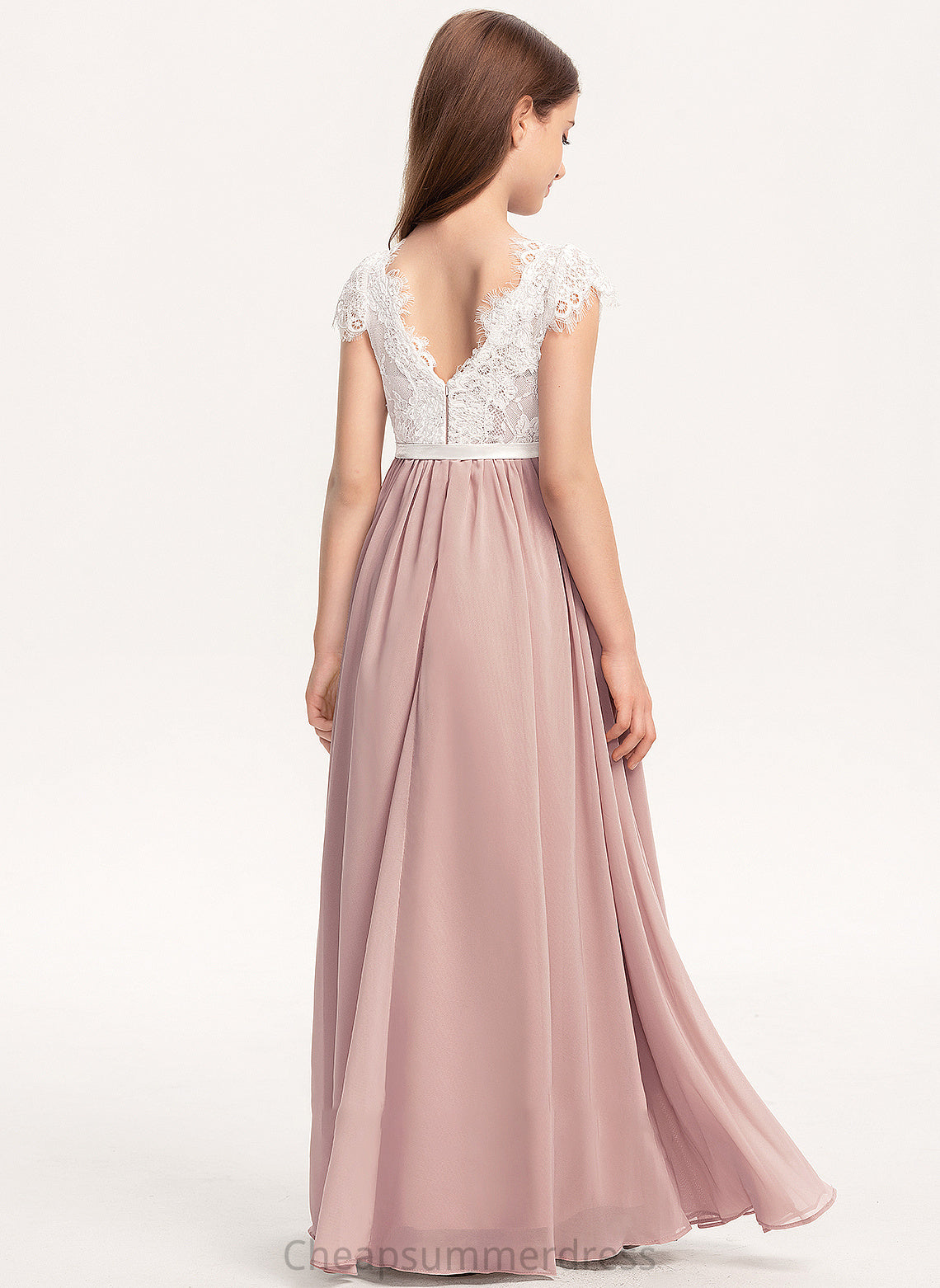Kinley With Scoop A-Line Neck Lace Bow(s) Floor-Length Junior Bridesmaid Dresses Chiffon