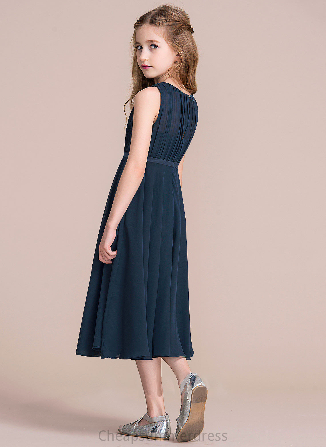 Tea-Length Ruffle Neck Scoop Chiffon Junior Bridesmaid Dresses A-Line Arely With