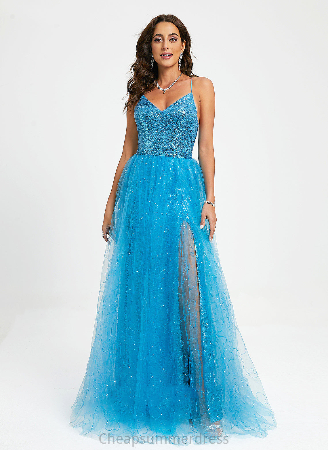 V-neck Elena Tulle With Prom Dresses Sequins Floor-Length Ball-Gown/Princess