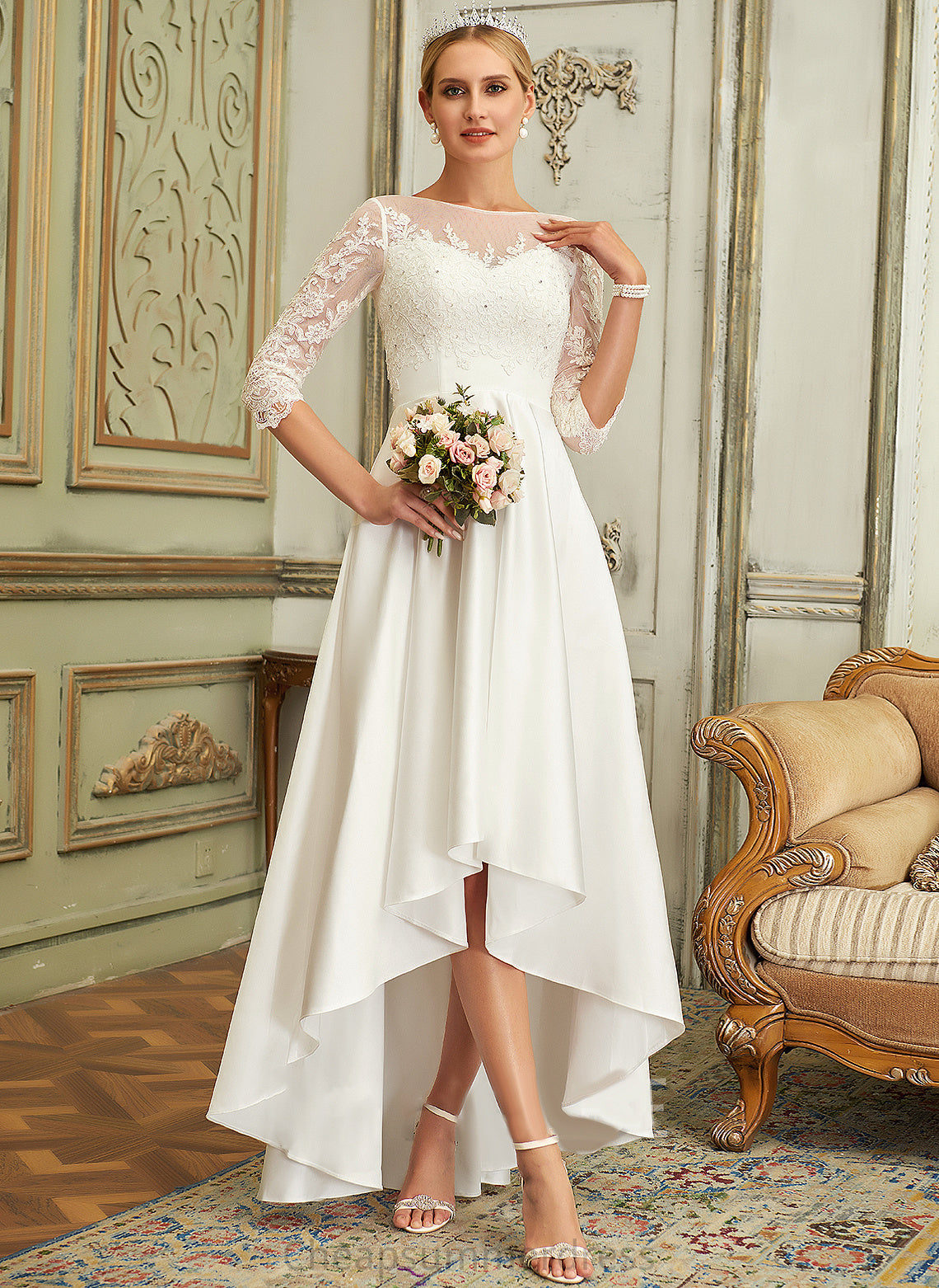 Neck Wedding Dresses Gina Dress Lace Asymmetrical Wedding Scoop Satin A-Line