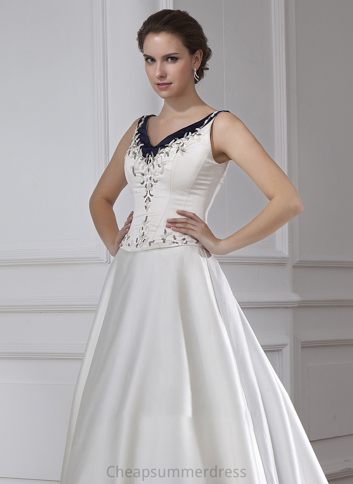 Ball-Gown/Princess Wedding Dresses Train Satin Beading Wedding Sequins Wendy V-neck Embroidered With Chapel Dress