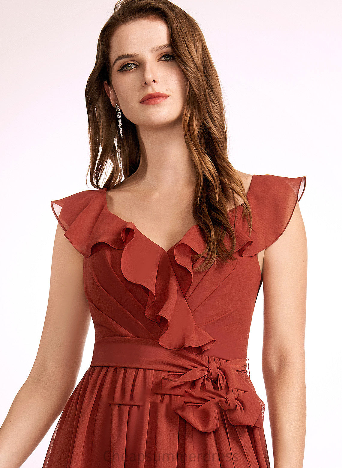 A-Line Fabric Floor-Length Length Silhouette Embellishment V-neck Ruffle Neckline Hana One Shoulder Natural Waist
