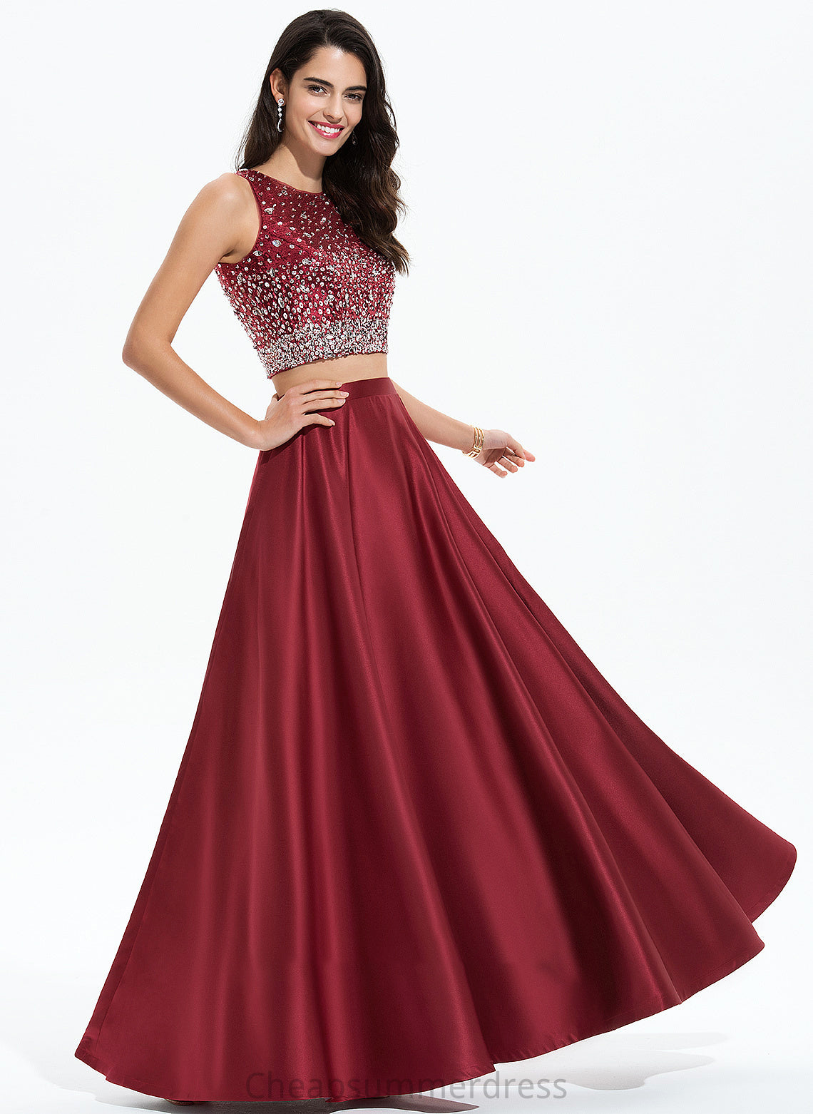 Neck Beading Brielle Prom Dresses Sequins Scoop With A-Line Floor-Length Satin