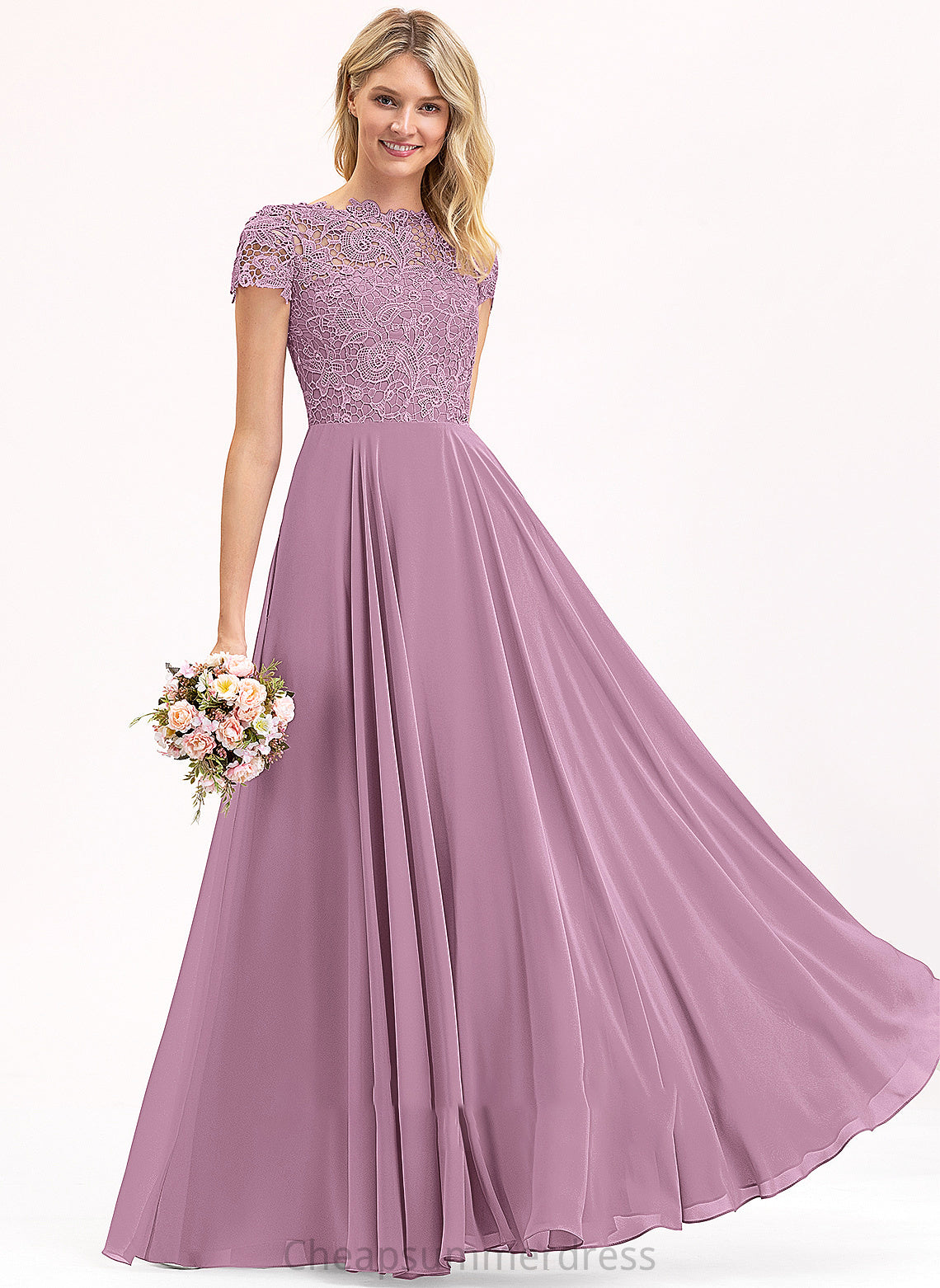 Floor-Length Prom Dresses A-Line Dalia Lace With Pockets Neck Chiffon Scoop