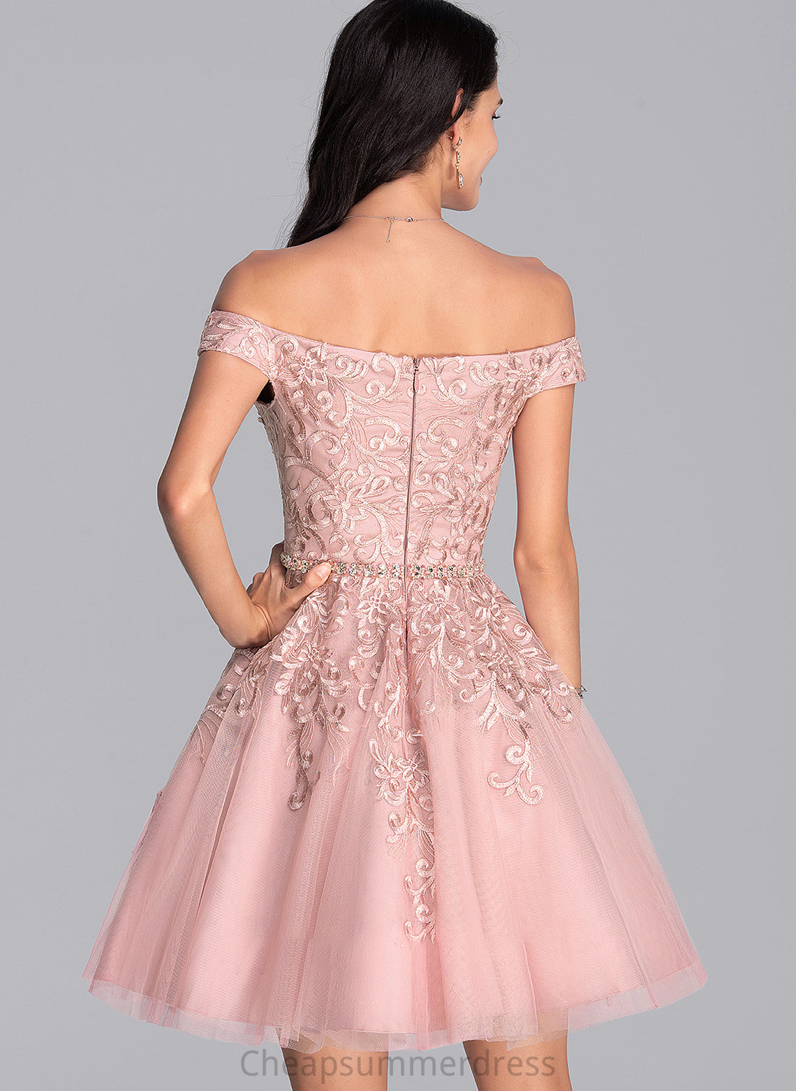 Tulle With Beading Sequins Prom Dresses Tiara A-Line Short/Mini Off-the-Shoulder