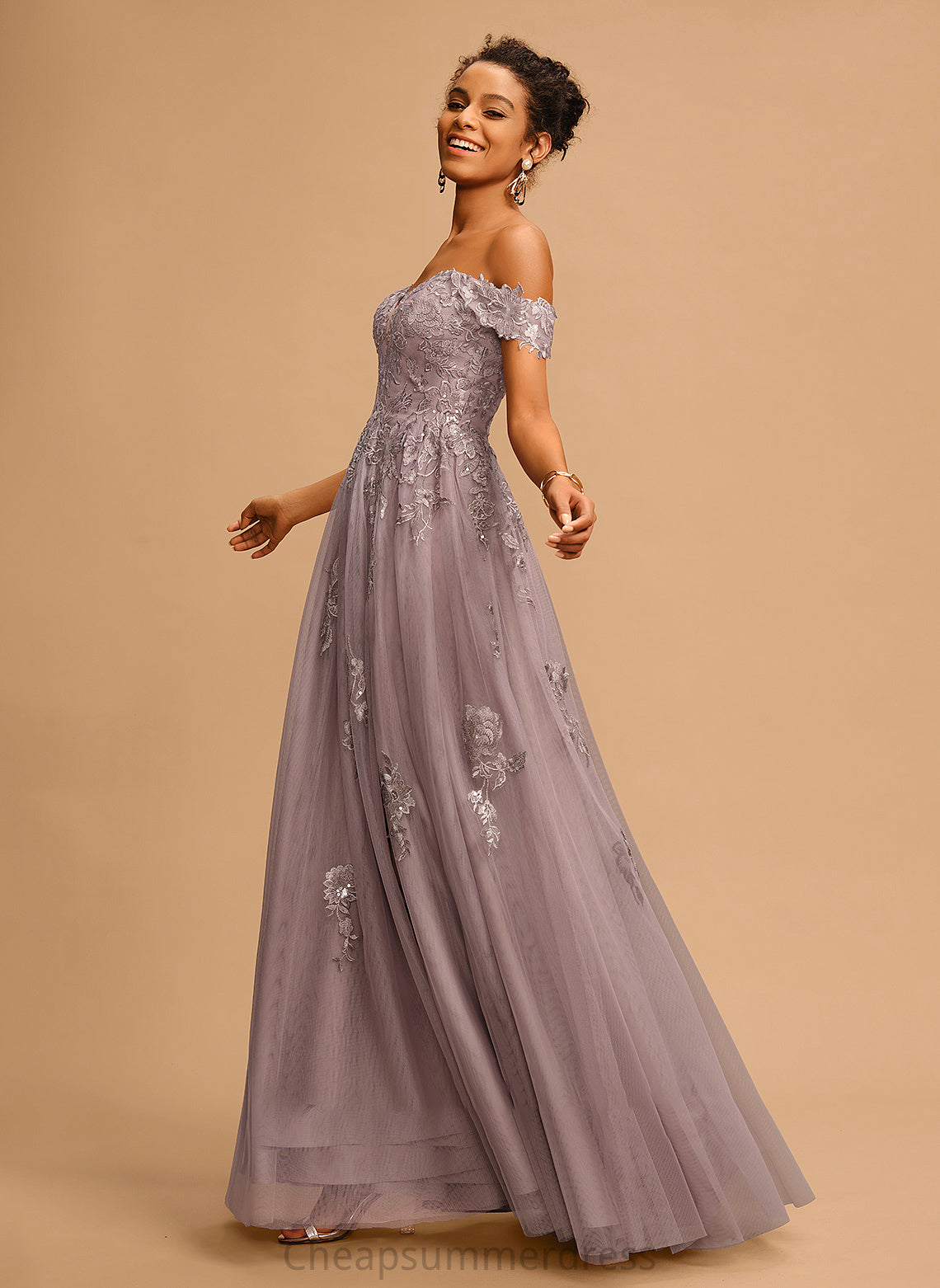 A-Line Tulle Prom Dresses With Off-the-Shoulder Aniya Sequins Floor-Length