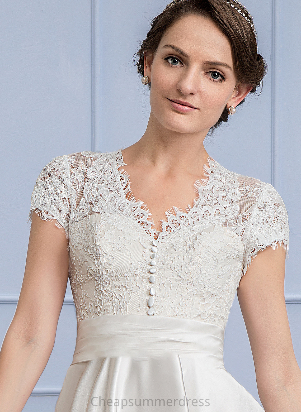 Pockets Dress Wedding Dresses A-Line Tea-Length Wedding Adison Satin With Ruffle V-neck
