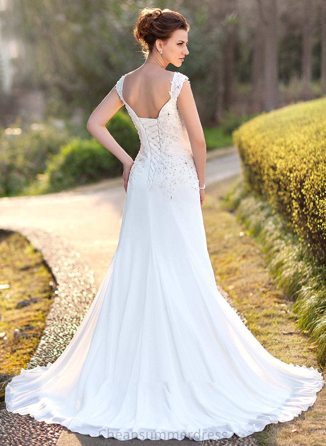 Sequins Train Beading Wedding Dresses Dress Chiffon Wedding V-neck With Lace A-Line Elle Court