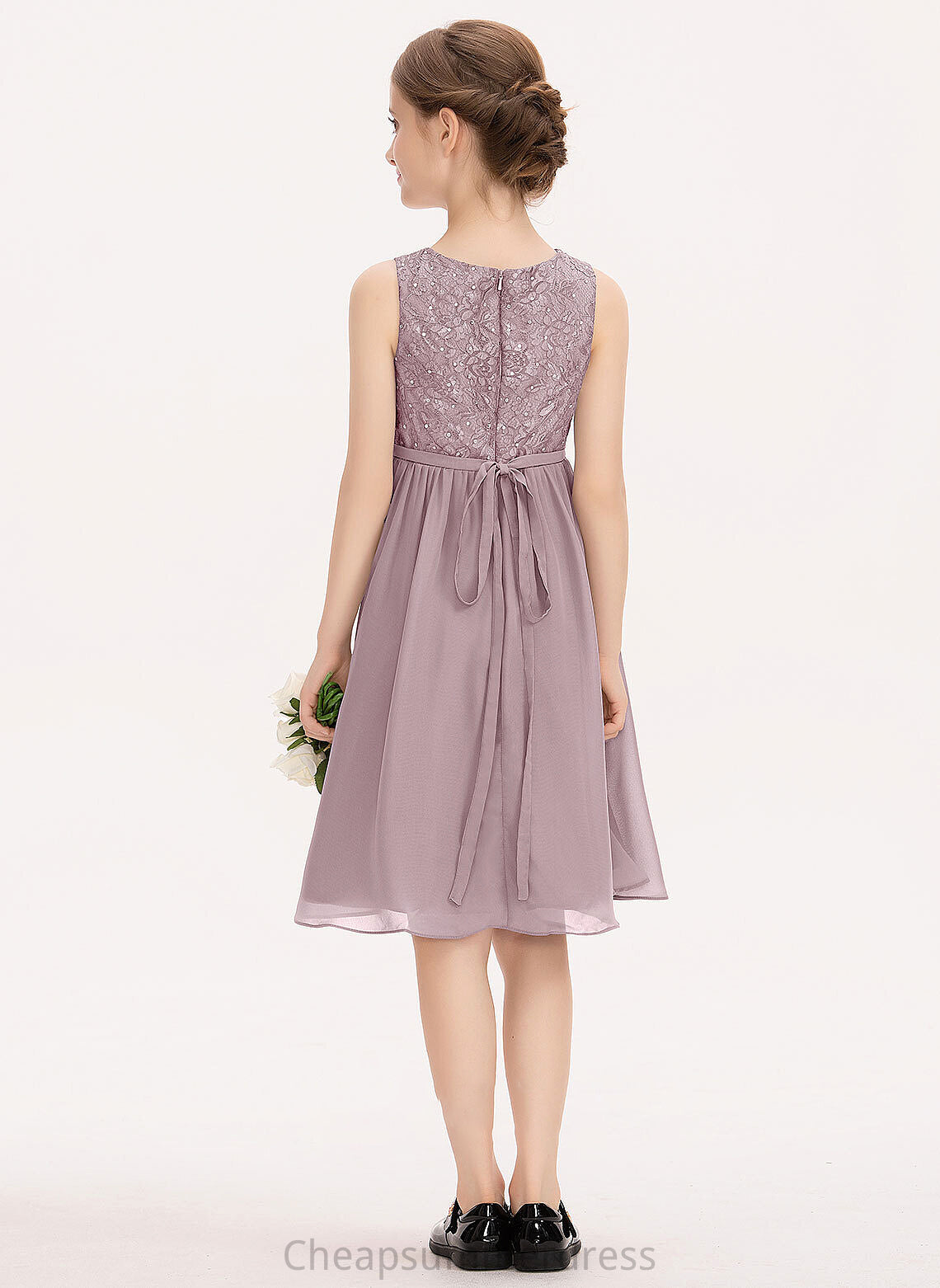 A-Line Scoop Neck With Amanda Knee-Length Lace Junior Bridesmaid Dresses Bow(s) Chiffon Beading