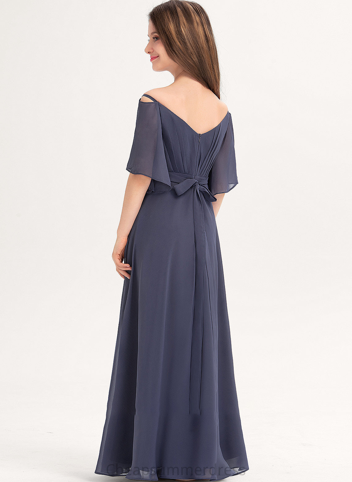 Floor-Length Bow(s) Vanessa Chiffon Ruffle Junior Bridesmaid Dresses A-Line With Off-the-Shoulder