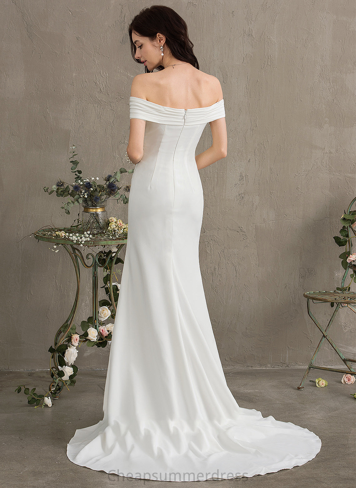 Off-the-Shoulder Annie Sweep Dress Split With Train Crepe Stretch Ruffle Front Sheath/Column Wedding Wedding Dresses