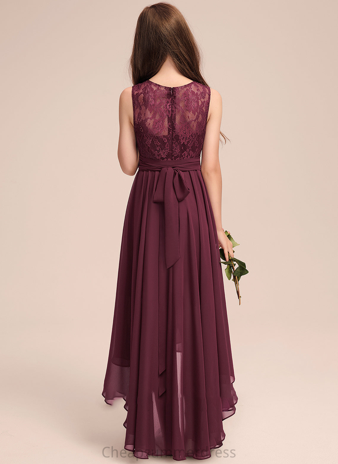 Chiffon With Bow(s) Jayden A-Line Neck Junior Bridesmaid Dresses Lace Asymmetrical Scoop