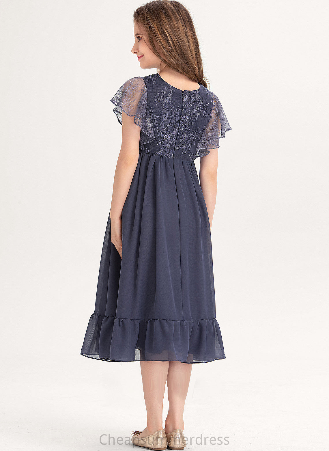 Neck Ruffles Cascading With Jayden Lace A-Line Scoop Knee-Length Junior Bridesmaid Dresses Chiffon