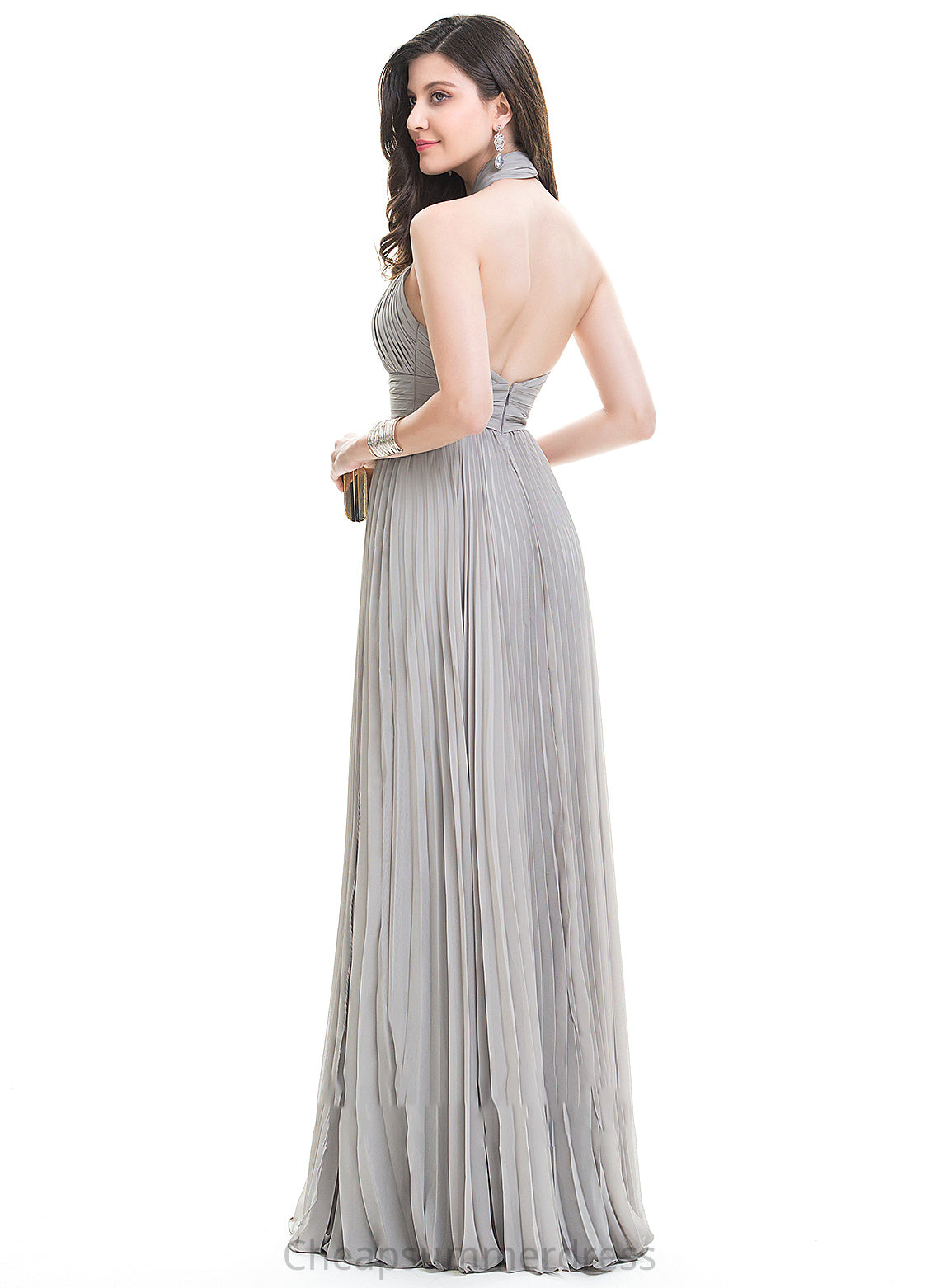 With A-Line Pleated Prom Dresses Split Floor-Length Daisy Halter Chiffon Front