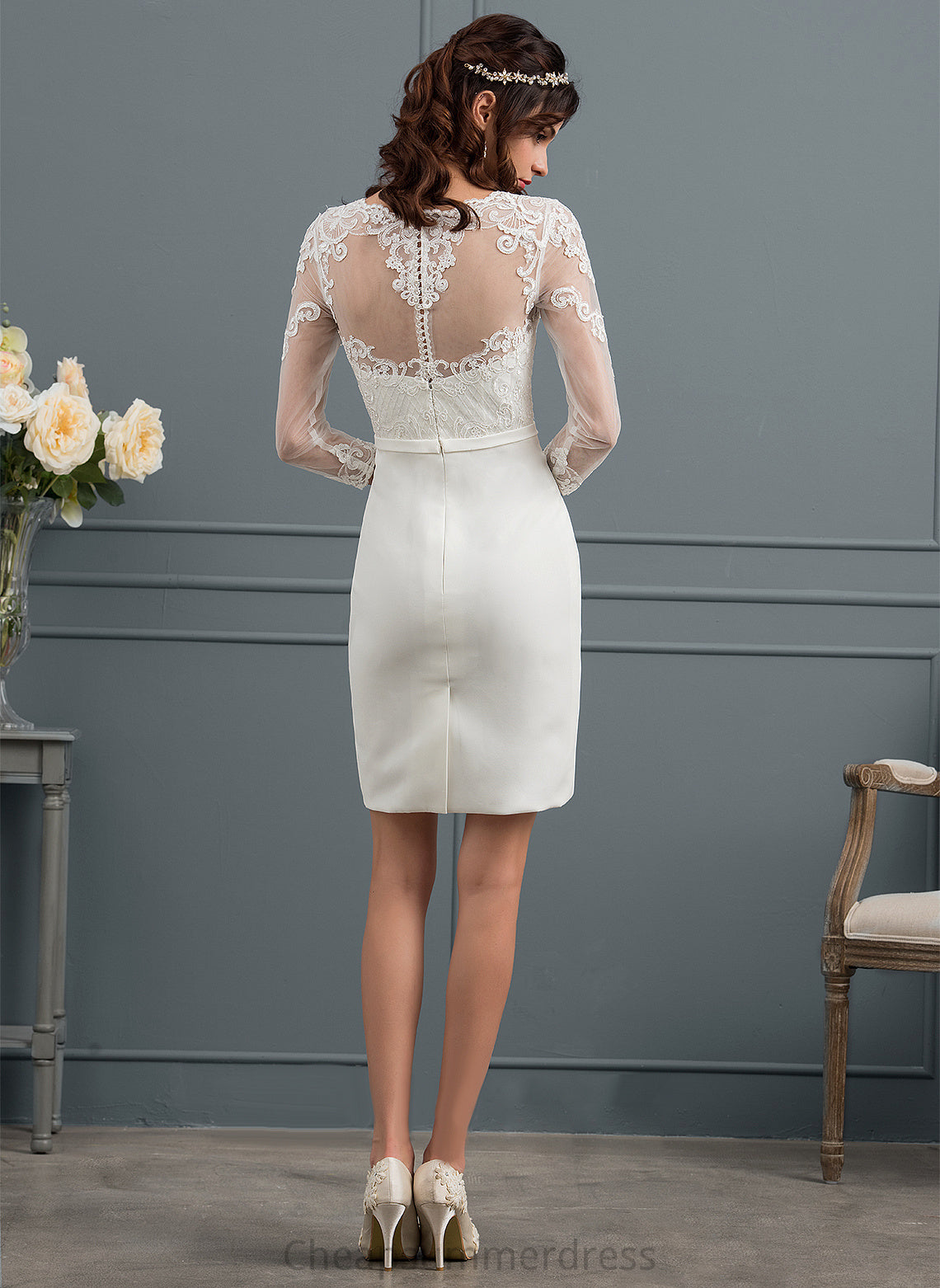 Wedding Dresses Sheath/Column With Knee-Length Wedding Illusion Dress Lindsay Sequins Bow(s) Lace