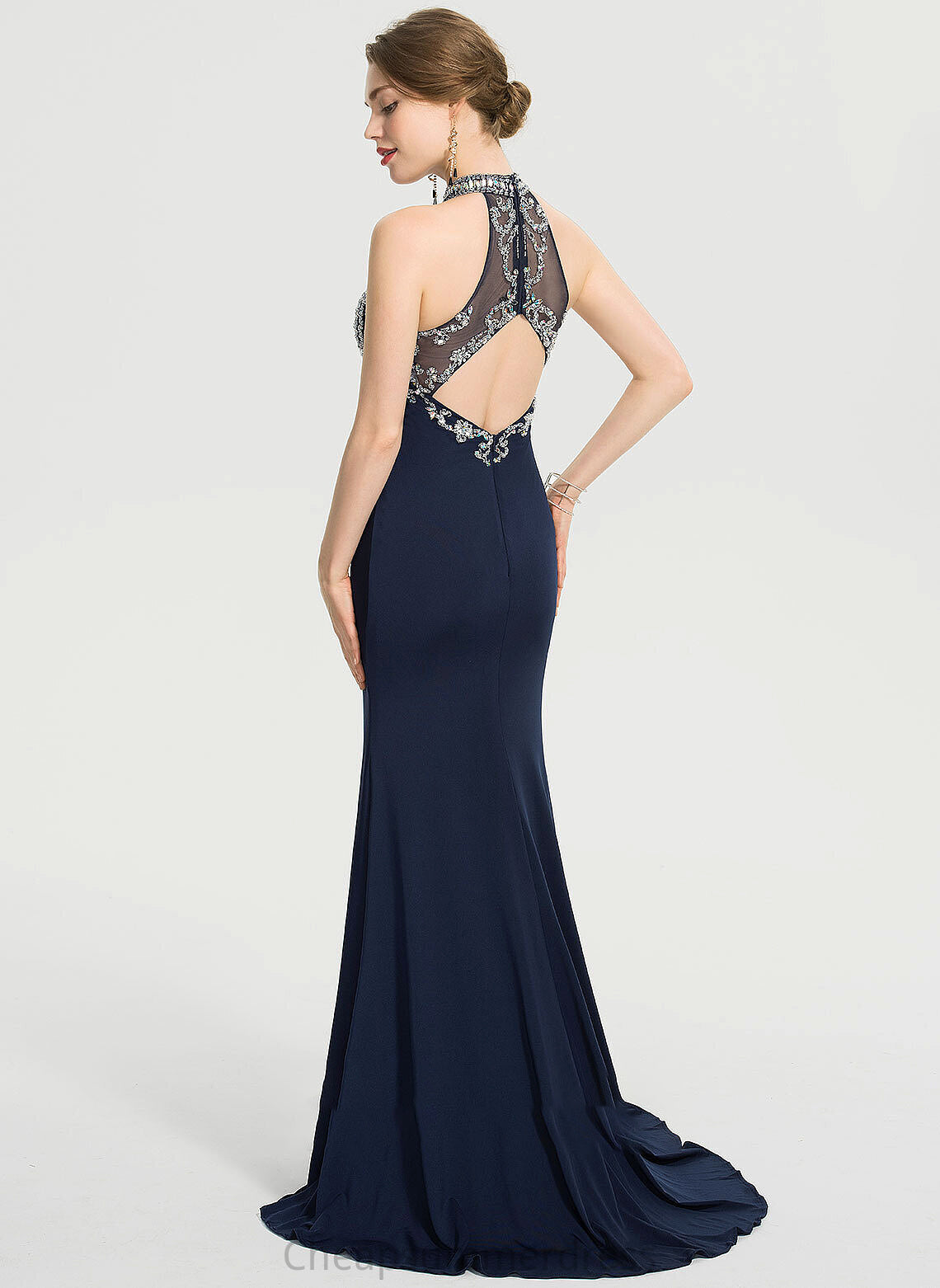 Miley Sheath/Column Beading Jersey Train Neck Prom Dresses With Split Front Scoop Sequins Sweep