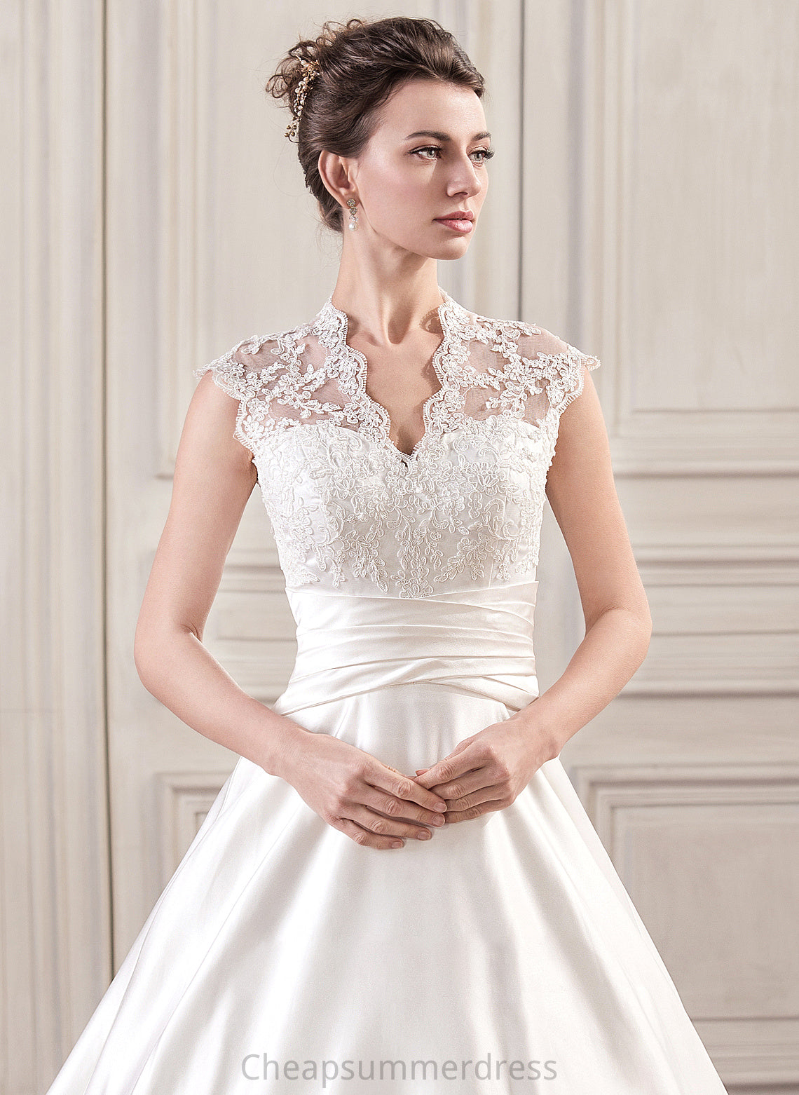 Ball-Gown/Princess Dress Train V-neck Satin Phoenix With Ruffle Court Wedding Wedding Dresses Lace