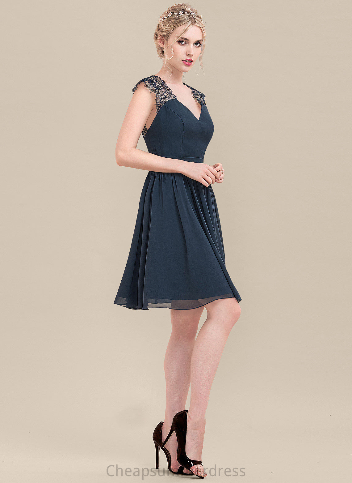 Straps Knee-Length Length Neckline V-neck Silhouette A-Line Fabric Lace Alayna Floor Length Sleeveless
