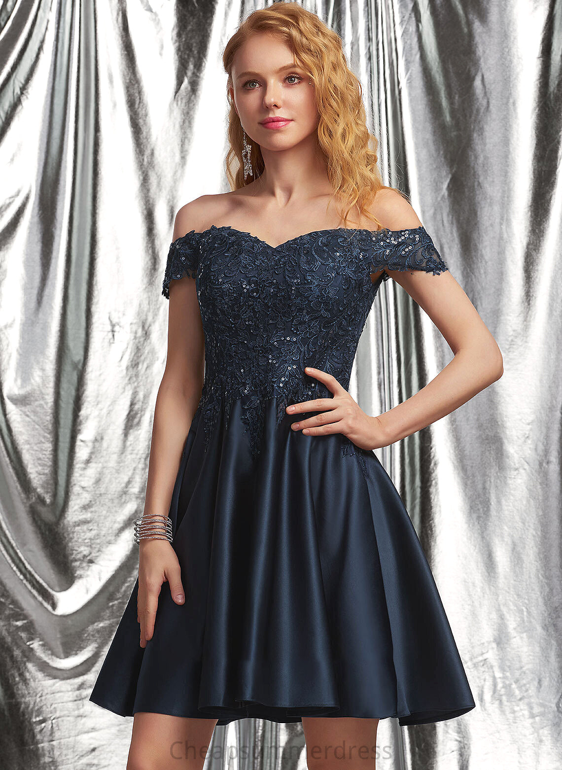 Diana Short/Mini Satin Lace Prom Dresses A-Line Off-the-Shoulder With Sequins