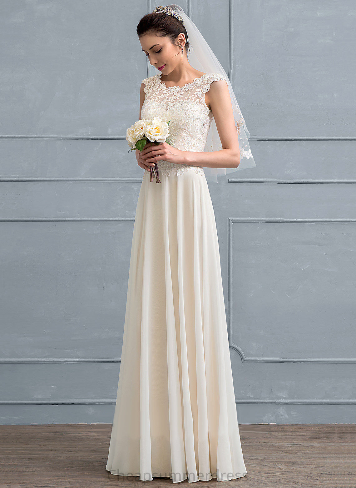 A-Line Sequins Bria Beading Dress Chiffon Lace Floor-Length With Scoop Wedding Dresses Wedding