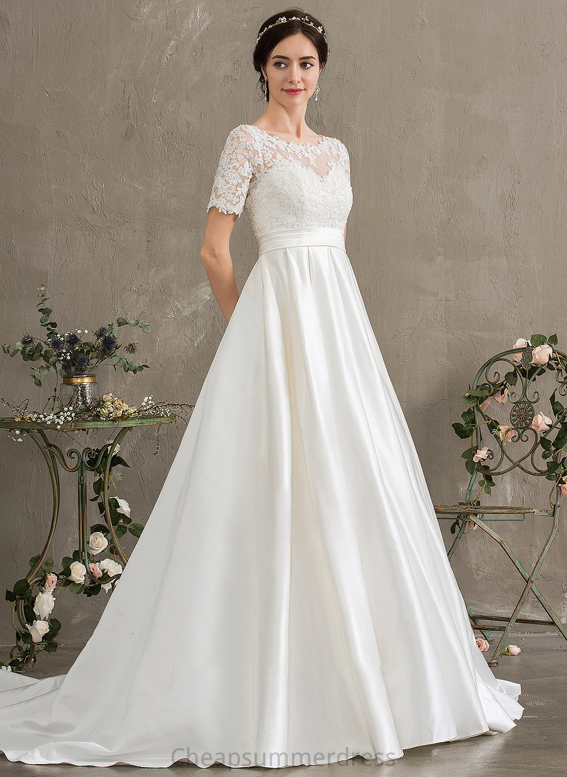 Court Sequins Train Dress Kimberly Wedding With Scoop Satin Wedding Dresses Pockets Ball-Gown/Princess Neck Beading