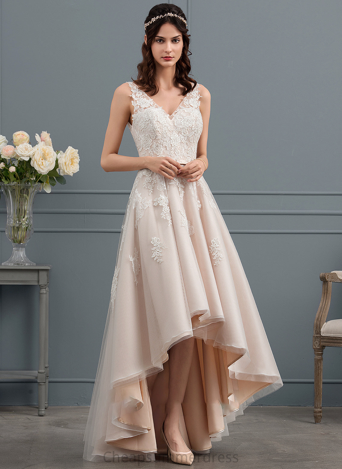Lace Dress Iliana Tulle A-Line V-neck Bow(s) Wedding Dresses With Asymmetrical Wedding