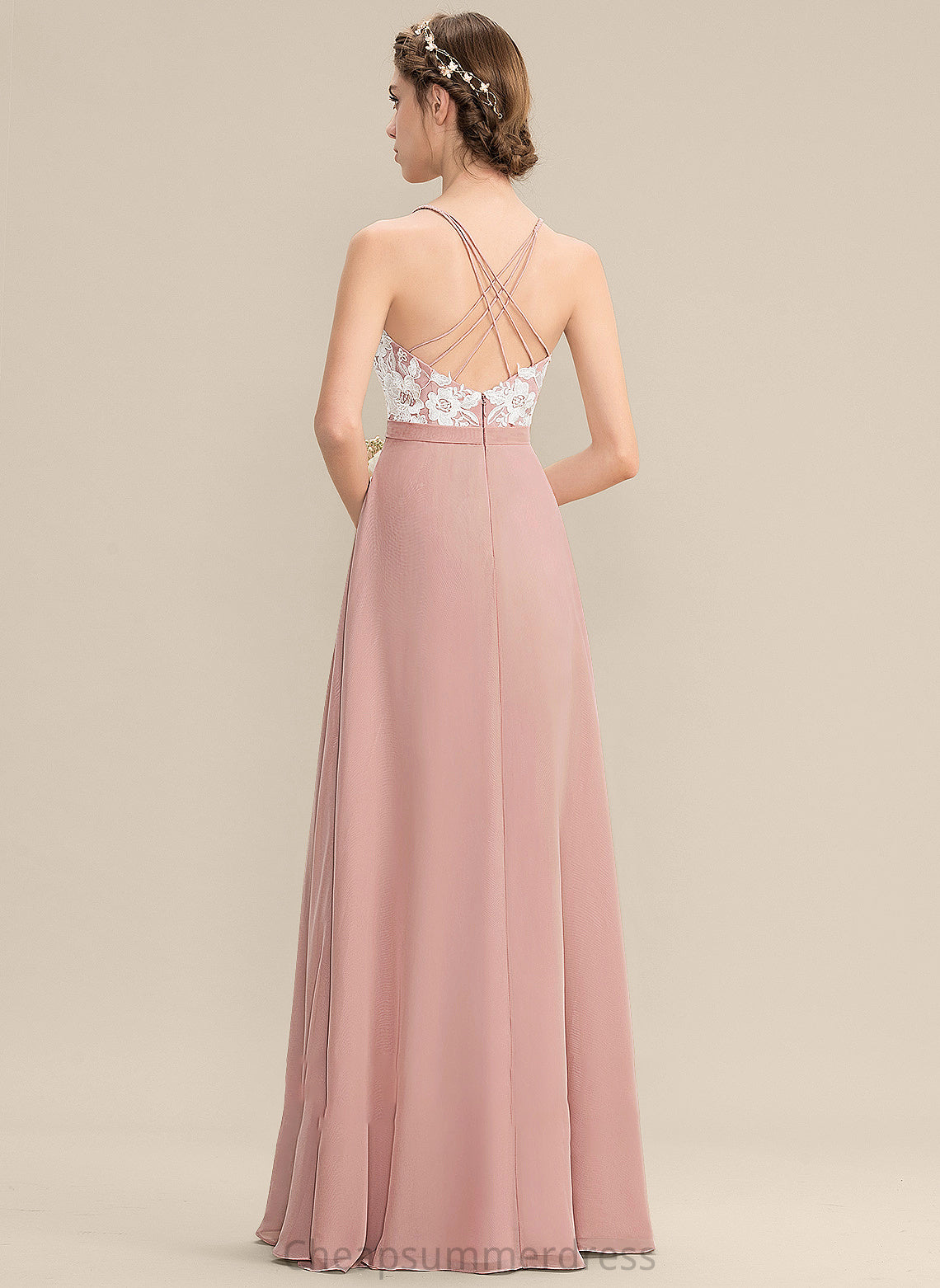 A-Line V-neck Floor-Length Front Split Lace With Emerson Prom Dresses Chiffon